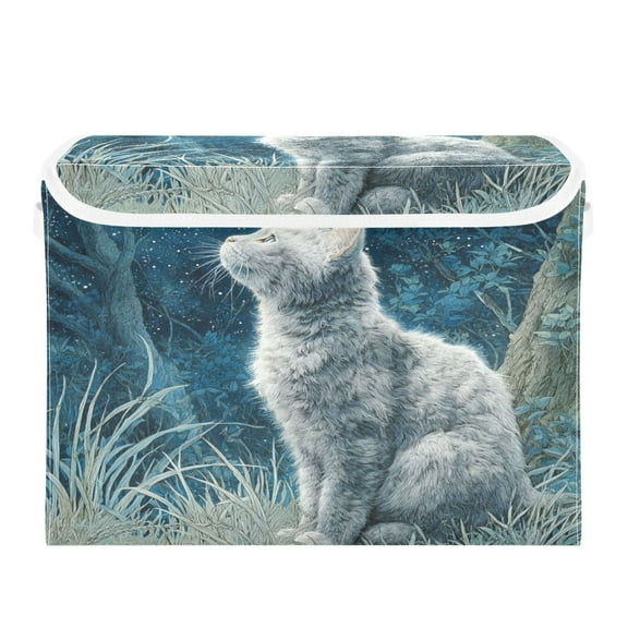Large Collapsible Storage Box Flip Lid Fabric Decorative Organizer Container Basket with Handles 16.512.611.8in Silver Cat