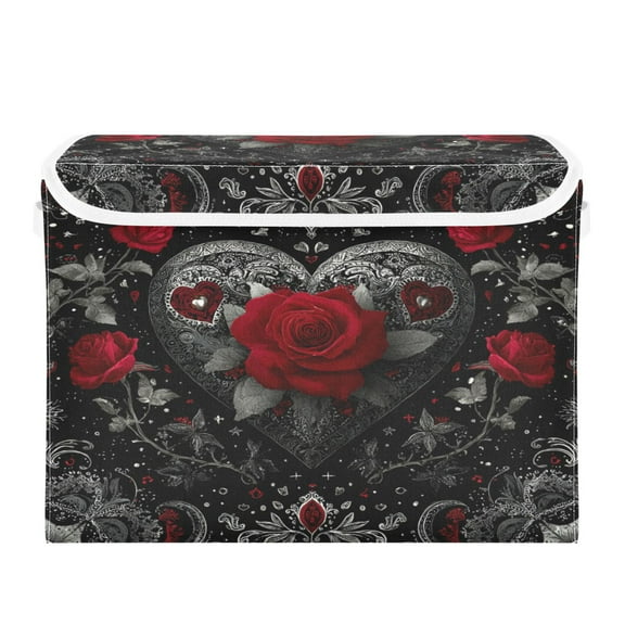 Large Collapsible Storage Box Flip Lid Fabric Decorative Organizer Container Basket with Handles 16.512.611.8in Silver and Bright Red Roses