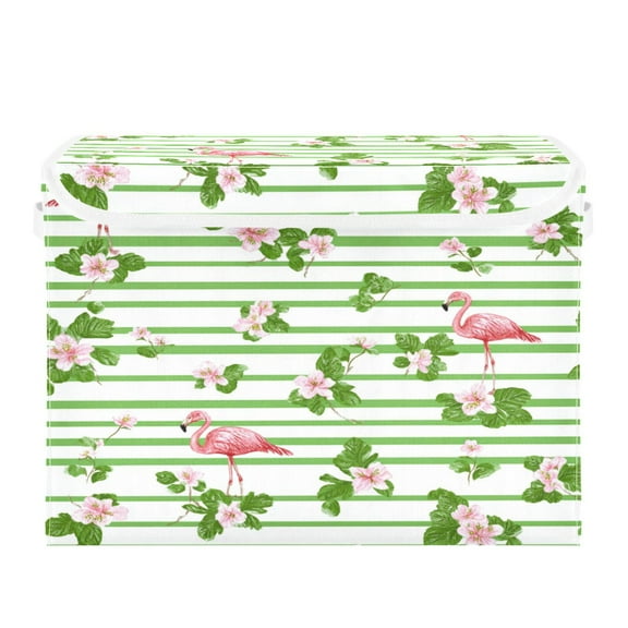 Large Collapsible Storage Box Flip Lid Fabric Decorative Organizer Container Basket with Handles 16.512.611.8in Siren's Leaves and Flamingos