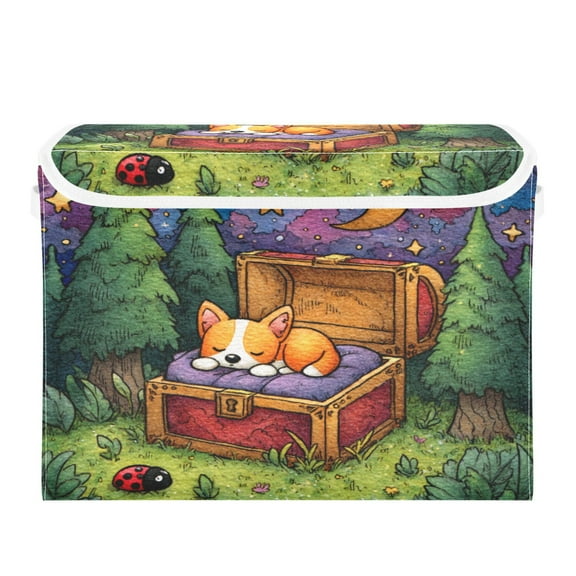 Large Collapsible Storage Box Flip Lid Fabric Decorative Organizer Container Basket with Handles 16.512.611.8in Sleeping Corgi in A Treasure Chest
