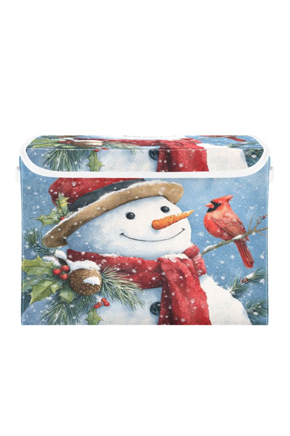 Large Collapsible Storage Box Flip Lid Fabric Decorative Organizer Container Basket with Handles 16.512.611.8in Snowman with Red Cardinal Bird