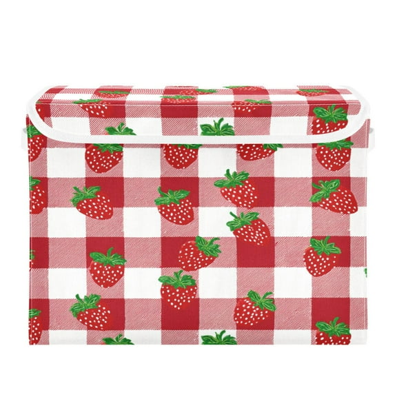 Large Collapsible Storage Box Flip Lid Fabric Decorative Organizer Container Basket with Handles 16.5×12.6×11.8in Strawberries on A Plaid Shirt