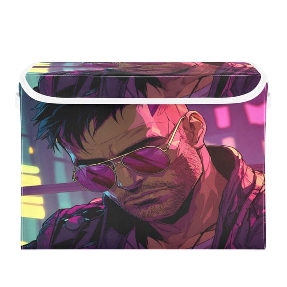 Large Collapsible Storage Box Flip Lid Fabric Decorative Organizer Container Basket with Handles 16.512.611.8in Sunglasses Guy