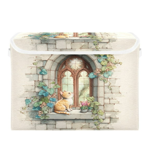 Large Collapsible Storage Box Flip Lid Fabric Decorative Organizer Container Basket with Handles 16.512.611.8in Super Cute Orange Cat