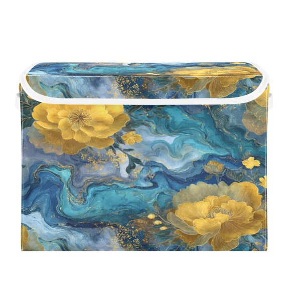 Large Collapsible Storage Box Flip Lid Fabric Decorative Organizer Container Basket with Handles 16.512.611.8in Swirling Water and Yellow Flowers