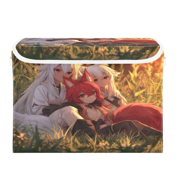 Large Collapsible Storage Box Flip Lid Fabric Decorative Organizer Container Basket with Handles 16.512.611.8in Three Anime Foxes