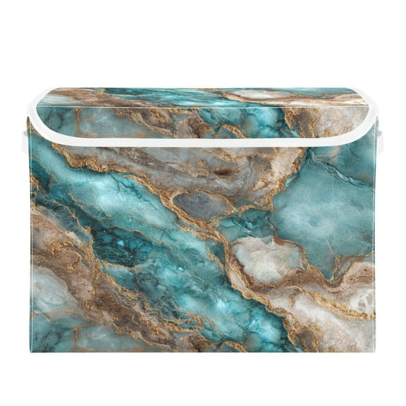 Large Collapsible Storage Box Flip Lid Fabric Decorative Organizer Container Basket with Handles 16.512.611.8in Turquoise and Gold Marble