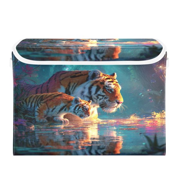 Large Collapsible Storage Box Flip Lid Fabric Decorative Organizer Container Basket with Handles 16.512.611.8in Two Tigers