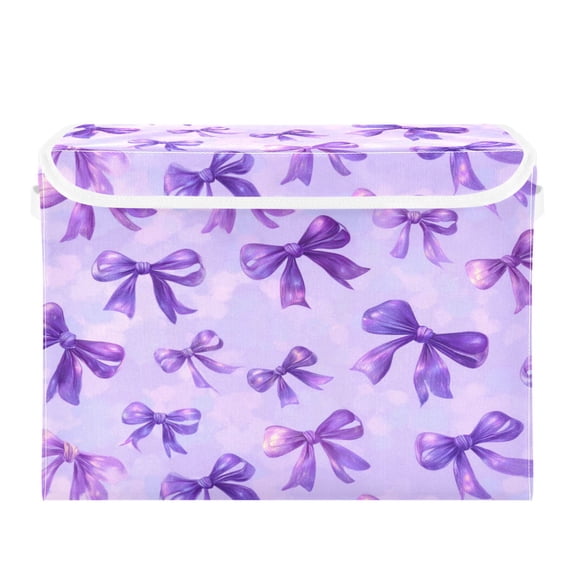Large Collapsible Storage Box Flip Lid Fabric Decorative Organizer Container Basket with Handles 16.512.611.8in Vibrant Purple Bows Pattern
