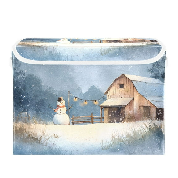 Large Collapsible Storage Box Flip Lid Fabric Decorative Organizer Container Basket with Handles 16.512.611.8in Watercolor Winter Farm
