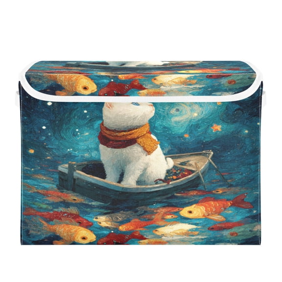 Large Collapsible Storage Box Flip Lid Fabric Decorative Organizer Container Basket with Handles 16.512.611.8in White Cat Sailing