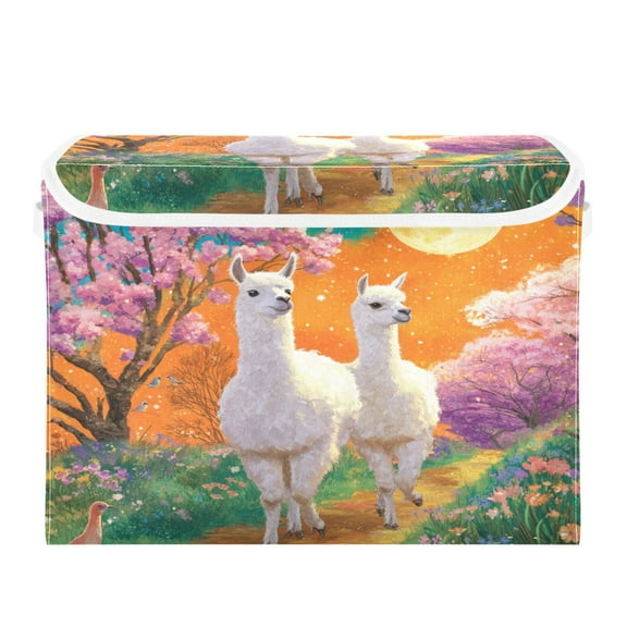 Large Collapsible Storage Box Flip Lid Fabric Decorative Organizer Container Basket with Handles 16.512.611.8in White Llama Couple