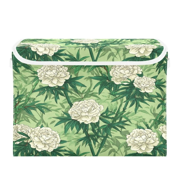 Large Collapsible Storage Box Flip Lid Fabric Decorative Organizer Container Basket with Handles 16.512.611.8in White Peony and Bamboo