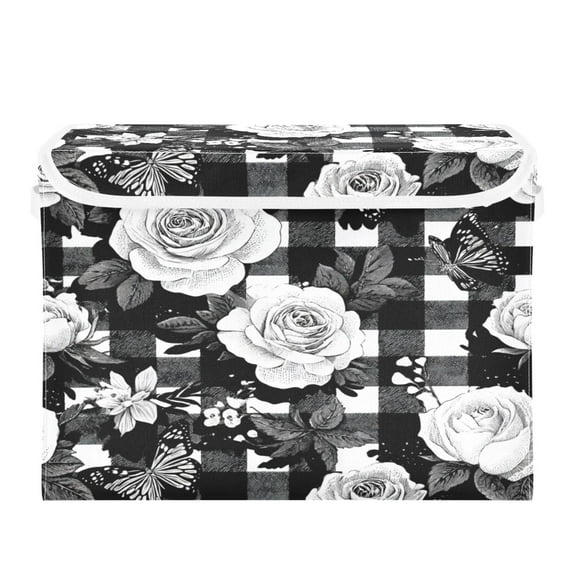 Large Collapsible Storage Box Flip Lid Fabric Decorative Organizer Container Basket with Handles 16.512.611.8in White Rose Pattern