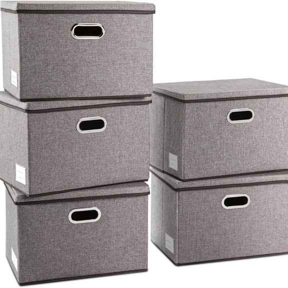 Large Collapsible Storage Containers with Lids [5-Pack] Linen Fabric Foldable Storage Bins Boxes Organizer Baskets Cube with Cover for Home Bedroom Closet Office Nursery (17.7x11.8x11.8)