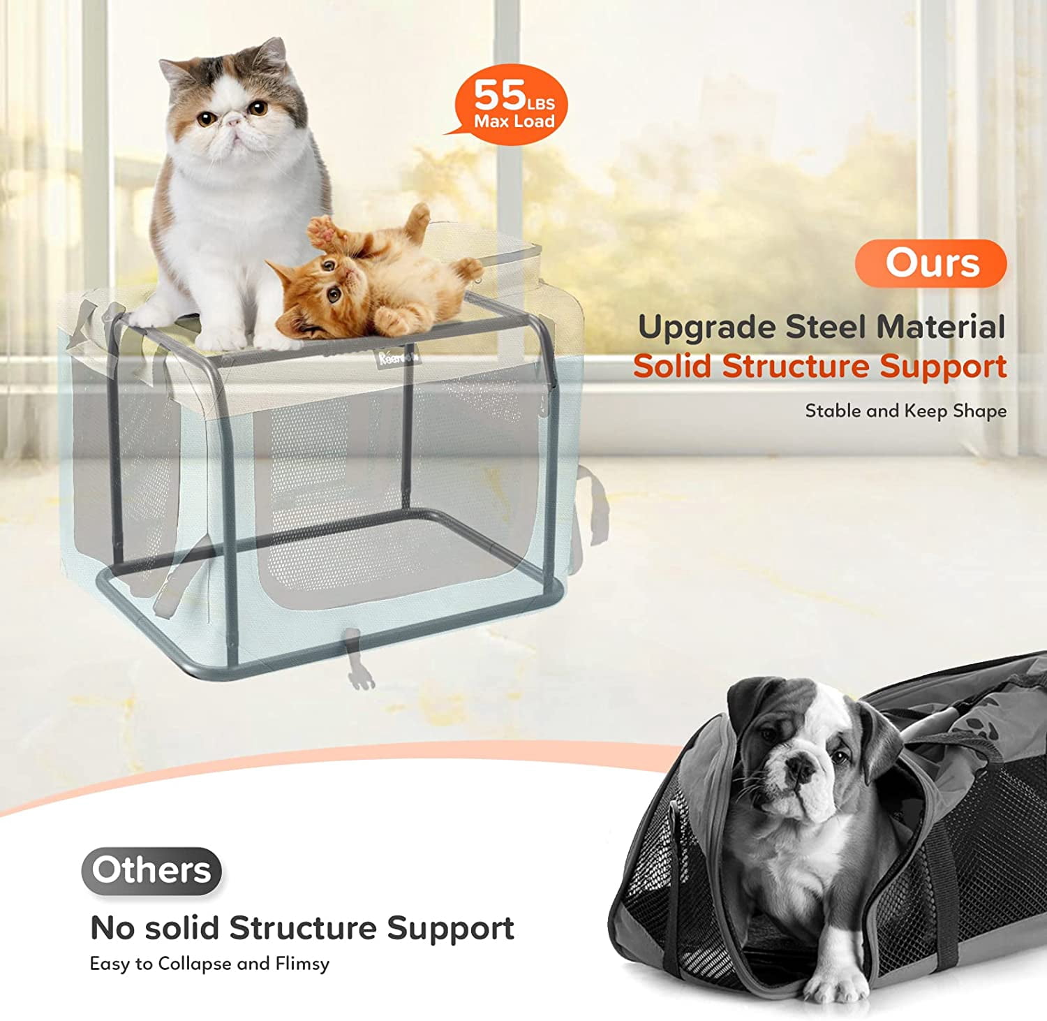 Large Collapsible  with Bowls, 24x17x17" Soft Travel Bag for Cats & Dogs, Blue