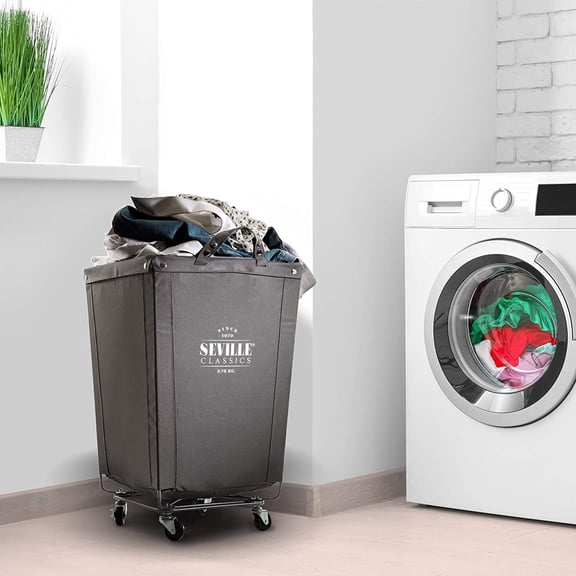 Large Commercial Heavy Duty Rolling Steel Frame Laundry Hamper Canvas Cart Bin, w/ Wheels for Hotel, Home, Closet, Bedroom (PATENTED), Gray, 18.1" D x 18.1" W