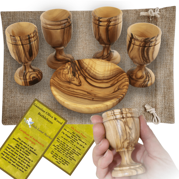 Holy Land Market 4 x 3" Olive Wood Communion Cups & 4" Bread Plate Set Hand-Carved in Bethlehem Includes 4 Kiddush Goblets with Matching Tray for Church Worship, Pastors & Ministries