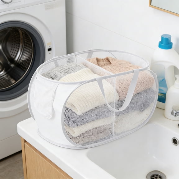Large Compartments Collapsible Laundry Basket Foldable Mesh Hamper with Compartments,Side Pocket and Handles Breathable Clothes Organizer Two Grids for Laundry Room,Bathroom,College Dorm
