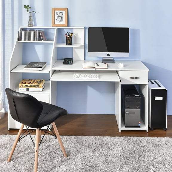 Large Computer Desk with 6 Tier Bookshelves, 65'' Office Writing Desk with MDF Board, Cabinet, Keyboard Organization, Drawer, Plenty Storage Space, Workstation Table for Study Room, Bedroom, S9320