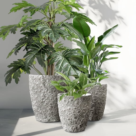 Large Concrete Planters Set of 3, Big Round Outdoor Indoor Garden Pots with Drainage Hole & Rubber Plug, 18/13/9 Inch Diameter, Planter Set, Bonsai Pot with Drainage, Large Pot Planter,Bonsai Planter