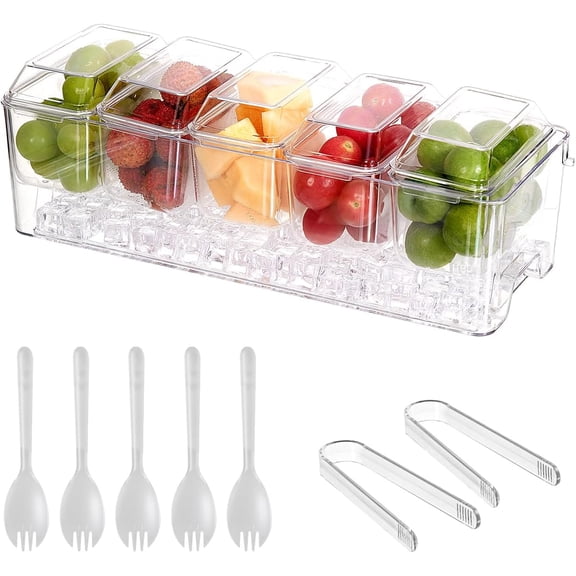 Large Condiment Serving Tray, 5 Compartment Relish Dish with Lid and Spoon Set for Vegetables Dip Salsa