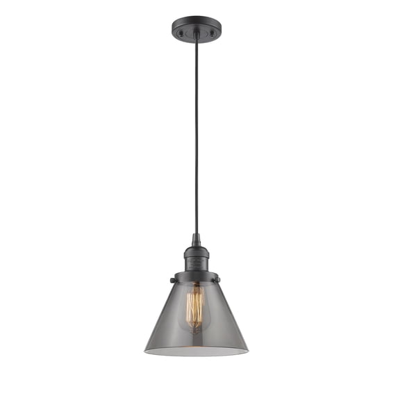 Large Cone Oiled Rubbed Bronze Eight-Inch LED Mini Pendant with Smoked Cone Glass and Black Cord