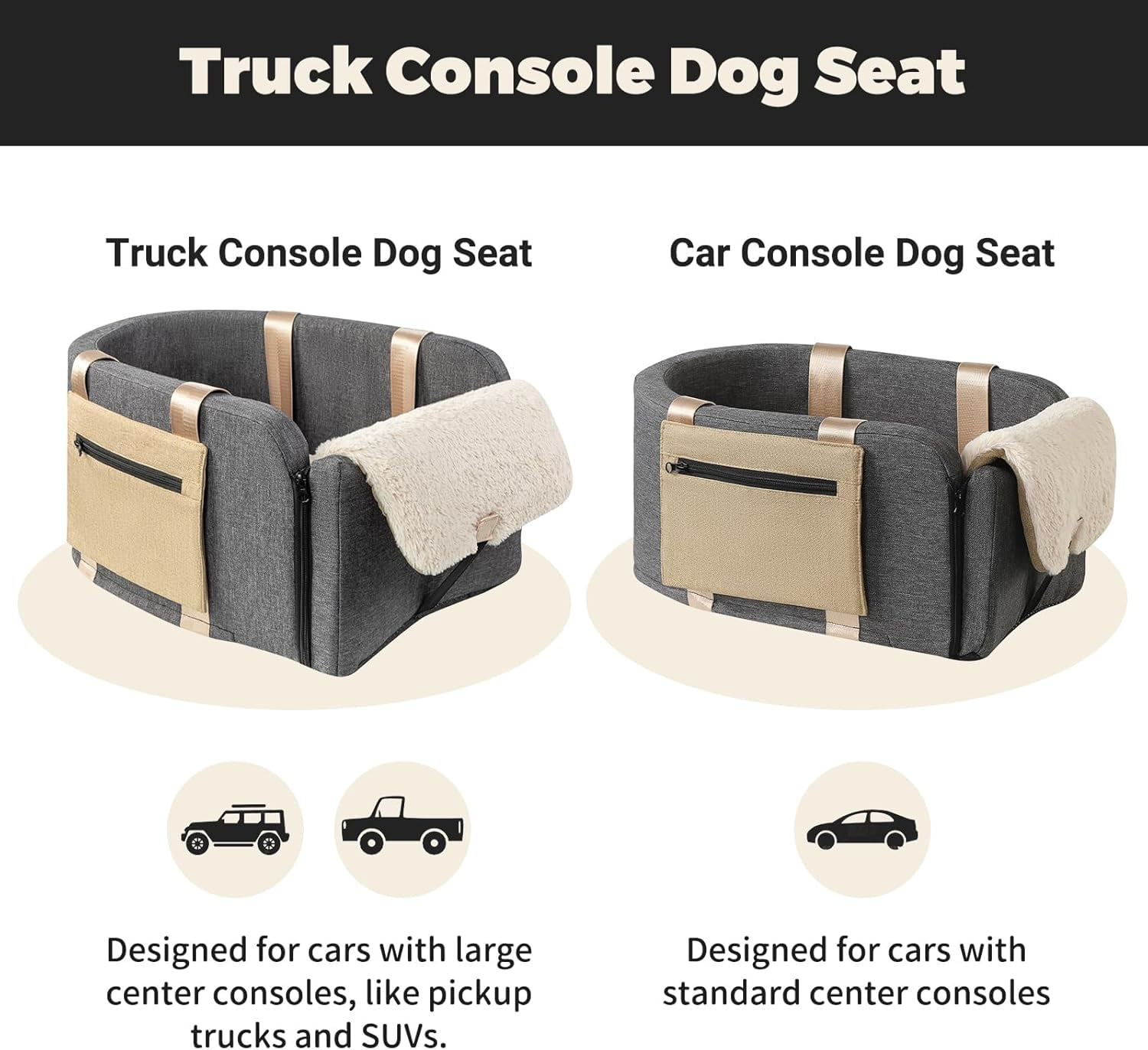 Large Console Dog Car  for Pickup Trucks - Sturdy Booster with Adjustable Straps and Storage Pockets for Small Dogs  to 18lbs