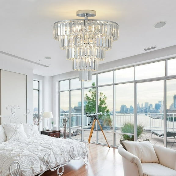 Large Contemporary Luxury Ceiling Lighting Chrome Crystal Chandeliers,5-Tier 19.7in Round Semi Flush Mount Chandelier Light Fixture,for Living Room Dining Room Bedroom Hallway