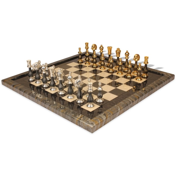 Large Contemporary Staunton Variegated Gold & Silver Chess Set with Gray & Variegated Framed Chess Board