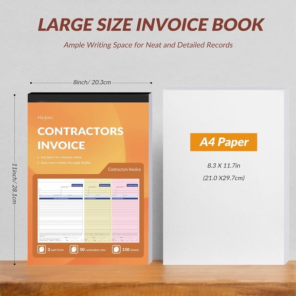 Large Contractor Invoice Book, Invoice Receipt Book for Small Business, 3 Part Carbonless Work Order Estimate Forms, 8x11 in, 50 Sets$$Office