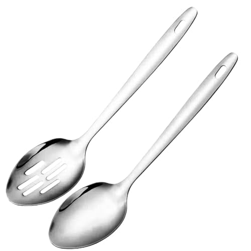 Large Cooking Spoon Set,12.5-inch Stainless Steel Solid & Slotted Spoons,Heavy Duty Metal Spoon for Mixing,Serving,Stiring Kitchen Utensils.