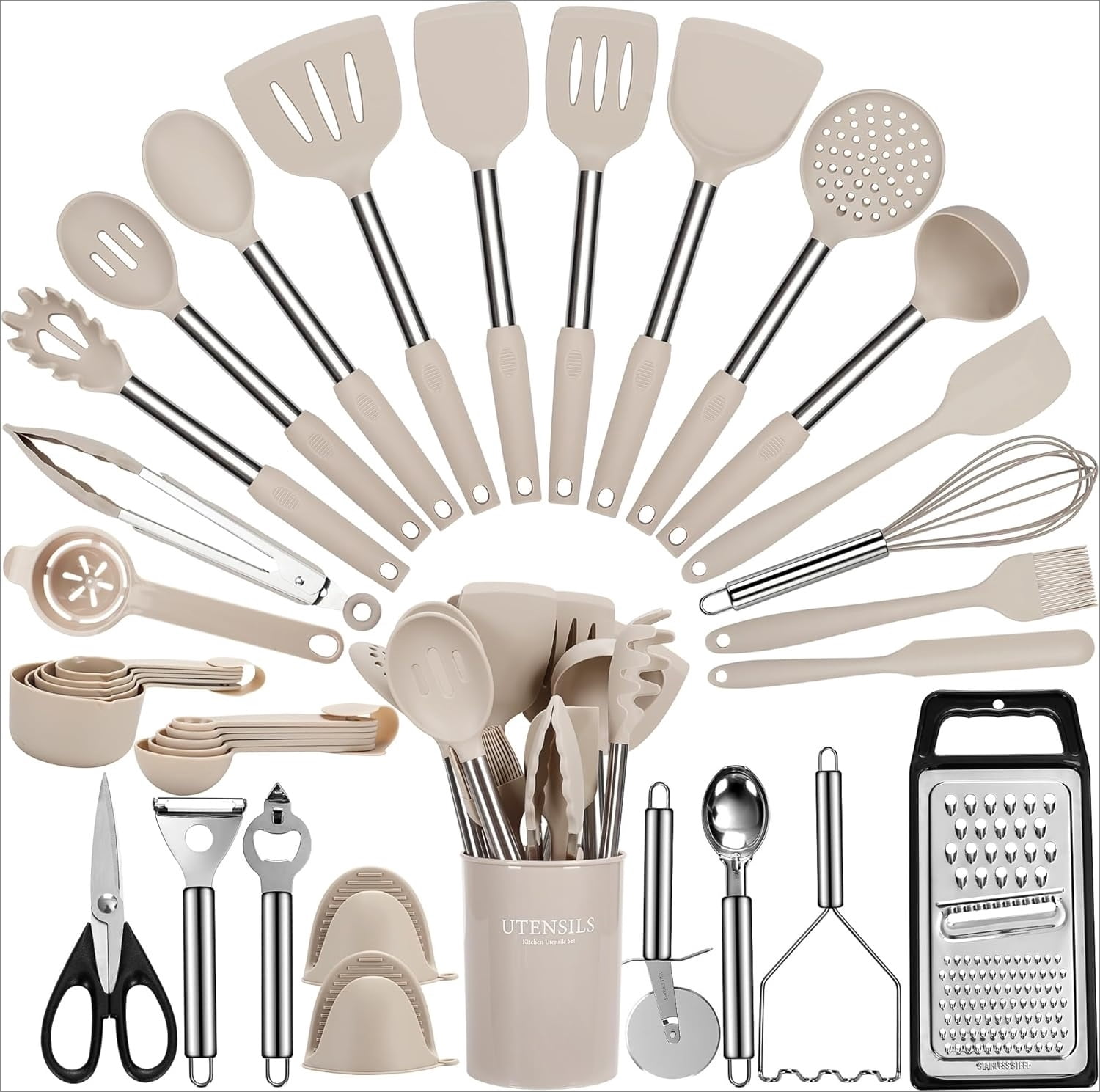 Large Cooking Utensils Set, 35 count  Kitchen Utensils Set with Holder, Stainless  Handle Spatula Set,   Grade  Kitchen Gadgets for Non- Cookware (Khaki)