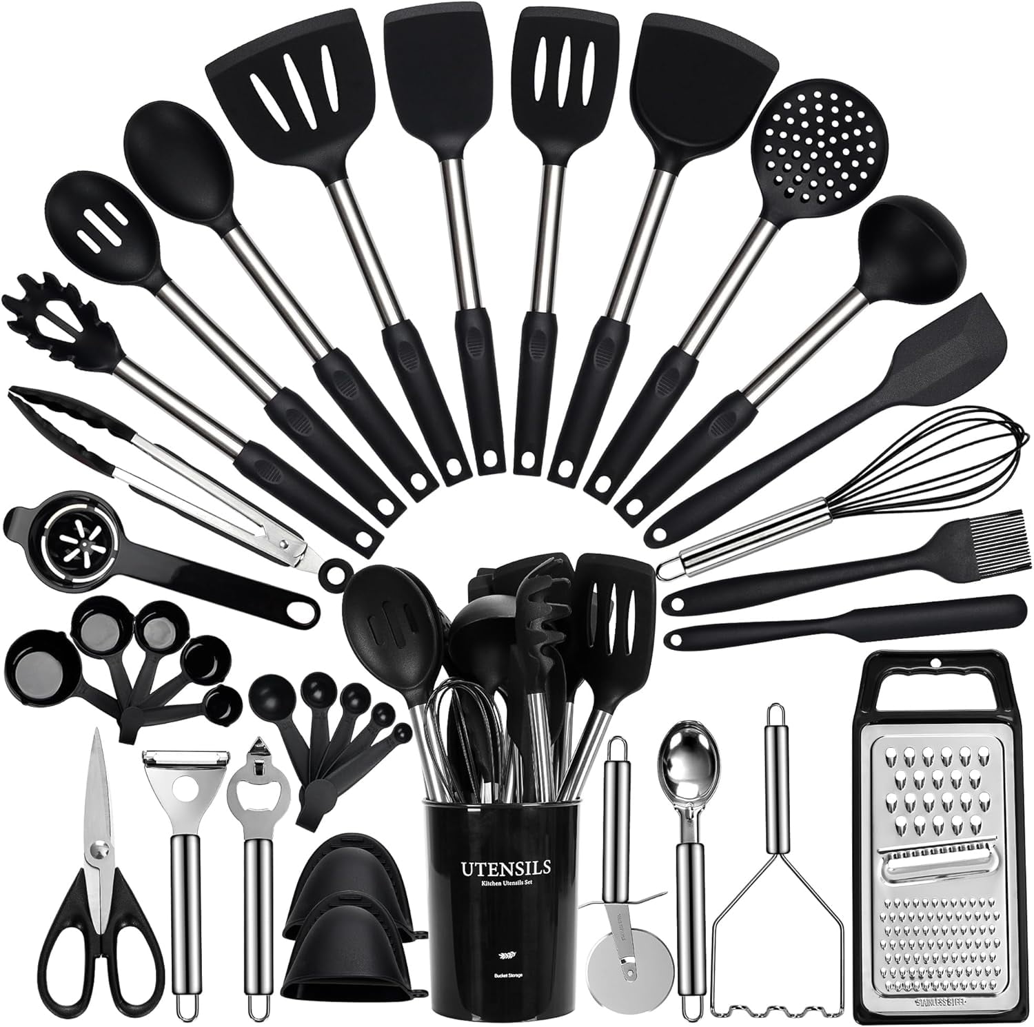 Large Cooking Utensils Set, 35 Pcs Silicone Kitchen Utensils Set with Holder, Stainless Steel Handle Spatula Set, Heat Resistant Food Grade Silicone Kitchen Gadgets for Non-stick Cookware (Black)