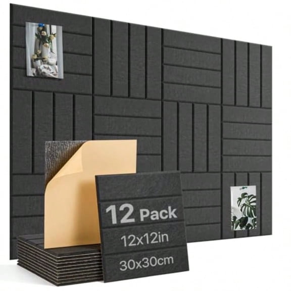 Large Cork Board 12 Pack 12"X12"X0.4" Felt Bulletin Board Tiles with Self Adhesive for Wall Home Office Decor Pin Cork Boards-Black