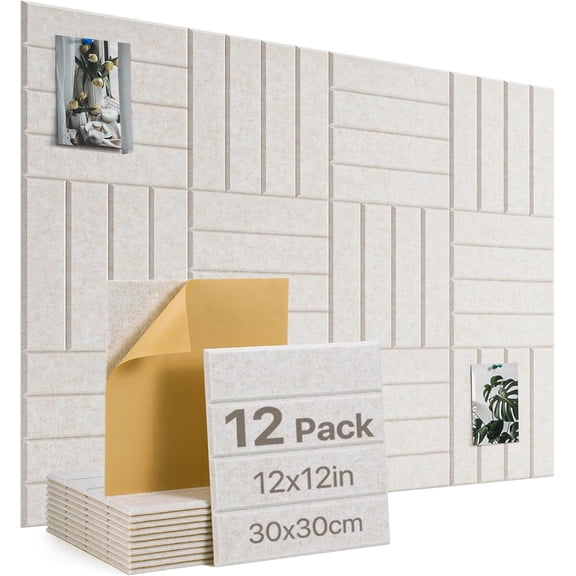 Large Cork Board, 12 Pack 12"X12"X0.4" Felt Bulletin Board Tiles with Self Adhesive for Wall Home Office Decor, Pin Cork Boards-Light Camel