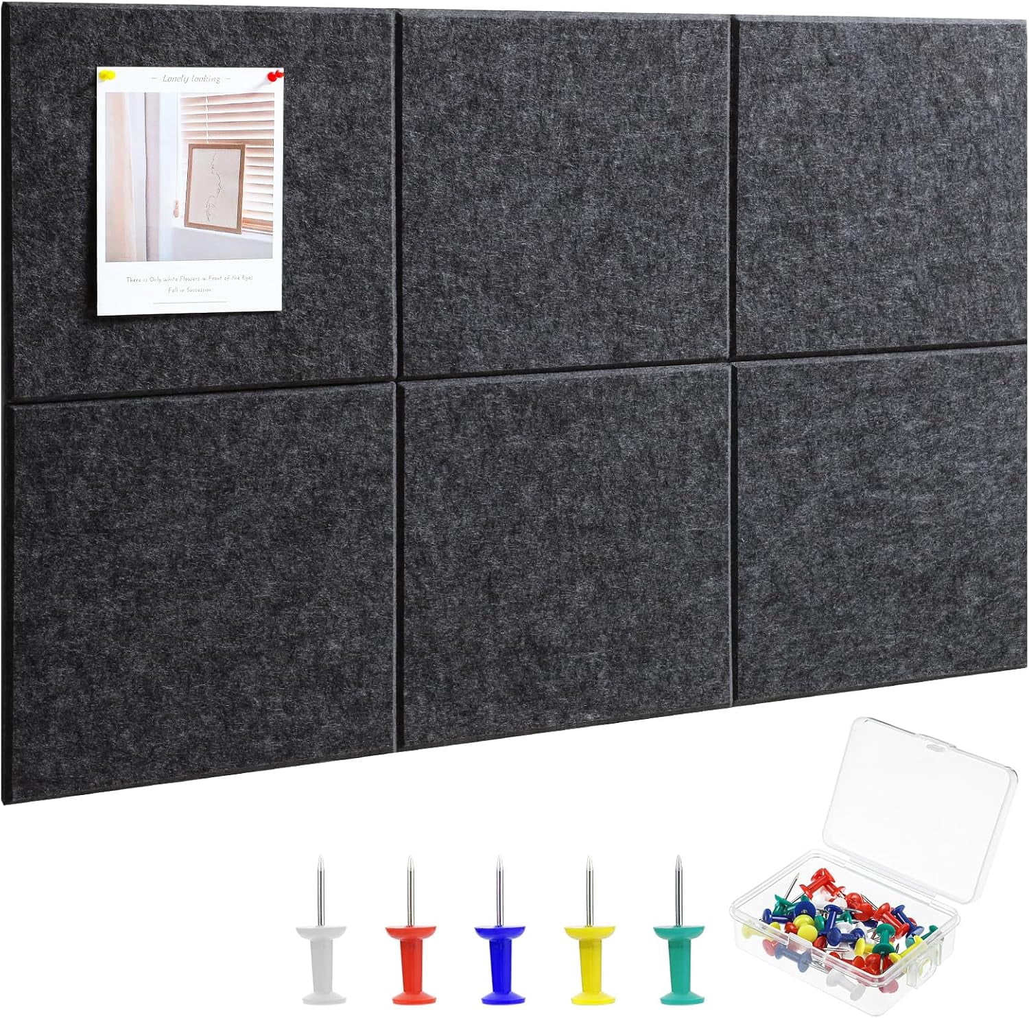 Large Cork Board 36" x 24", 6 Pack Felt Bulletin Board with 30 Pushpins, Cork Boards Alternative with Self-Adhesive Strips, Felt Wall Tiles Pin Boards for Walls Office Home School Decor-Dark Gray