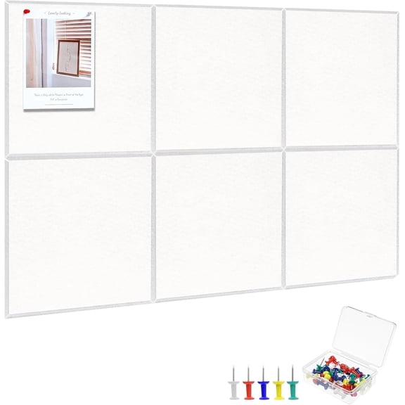 Large Cork Board 36" x 24", 6 Pack Felt Wall Tiles with 30 Pcs Pushpins, Bulletin Board with Removable Self-Adhesive Strips, Pin Boards Cork Boards for Walls Office Home Classroom Decor-White
