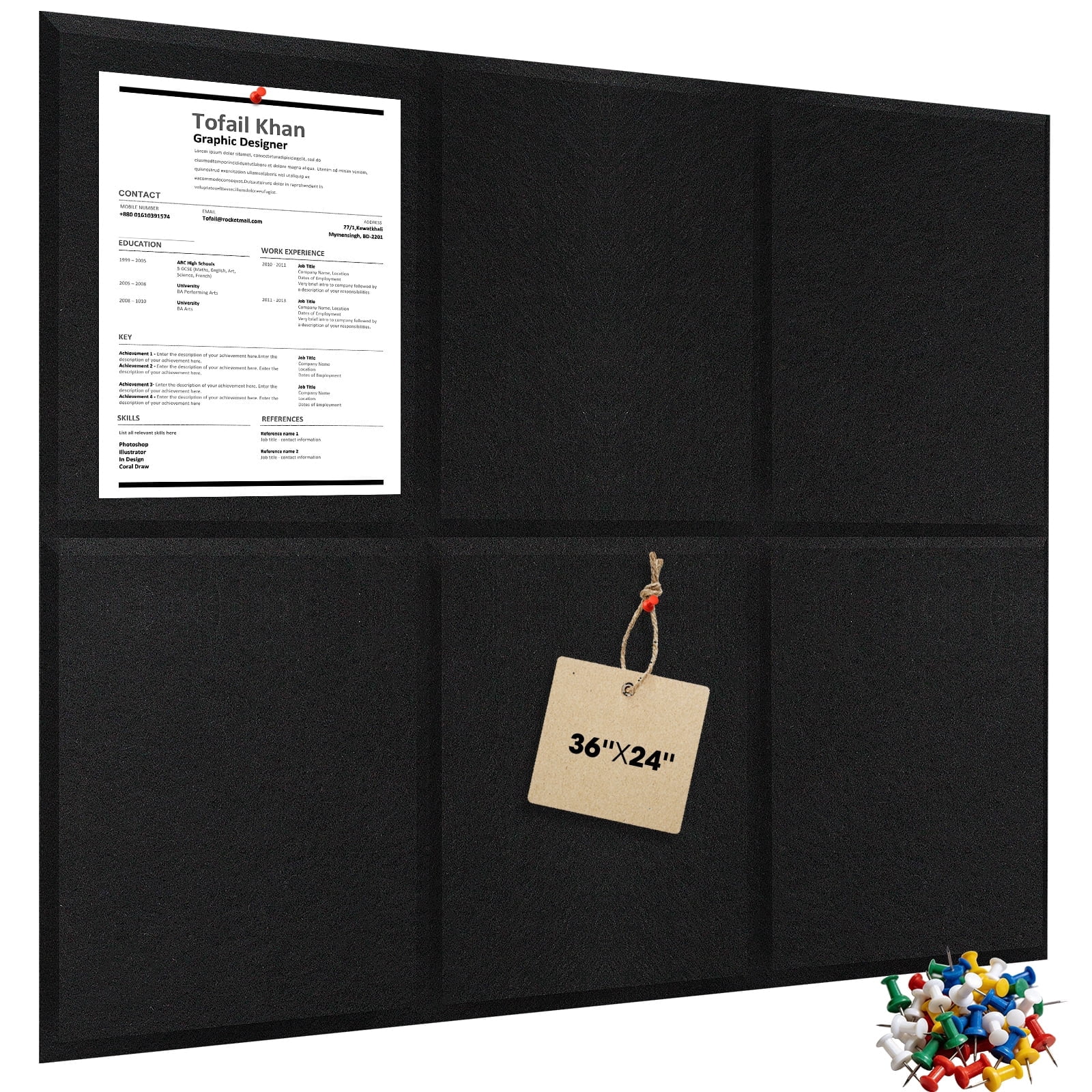 Large Cork Board 36" x 24" Alternative - 6 Pack Felt Wall Tiles with 50 Safe Removable Adhesive Tabs, 30 Pushpins, Cork Boards for Walls Pin Board Bulletin Board Office Decor (Black)