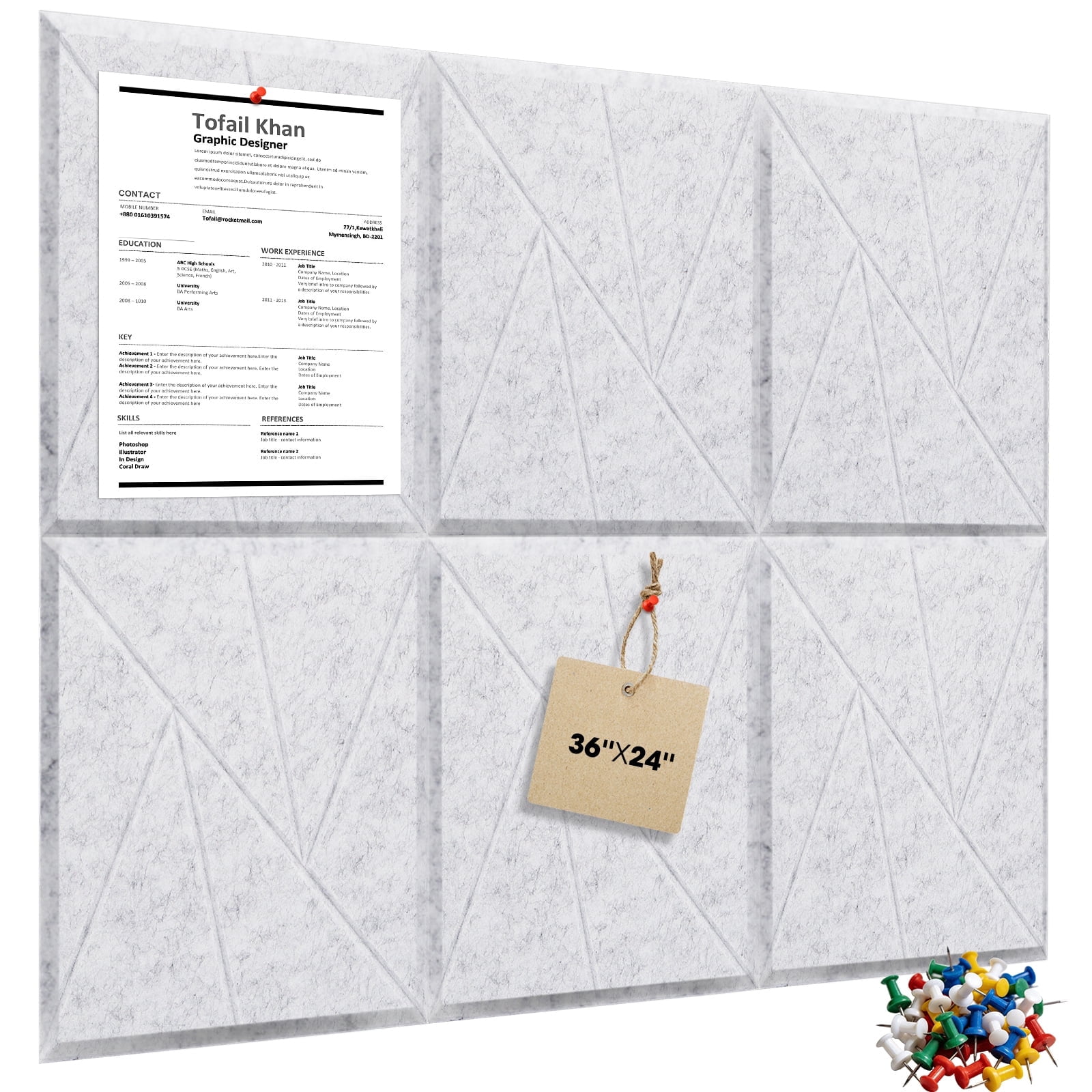 Large Cork Board 36"" x 24"" Alternative - 6 Pack Felt Wall Tiles with 50 Safe Removable Adhesive Tabs, 30 Pushpins, Cork Boards for Walls Pin Board Bulletin Board Office Decor (Light grey)