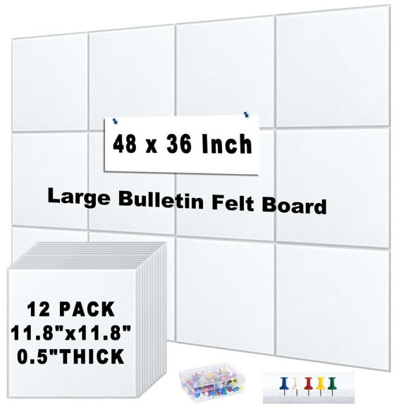 Large Cork Board Alternative 48"x36" 12 Pack White Bulletin Board Felt Wall Tiles with Safe Removable Adhesive Tabs, Cork Boards for Walls Cork Board for Office Pin Board Tack Board Cork Board