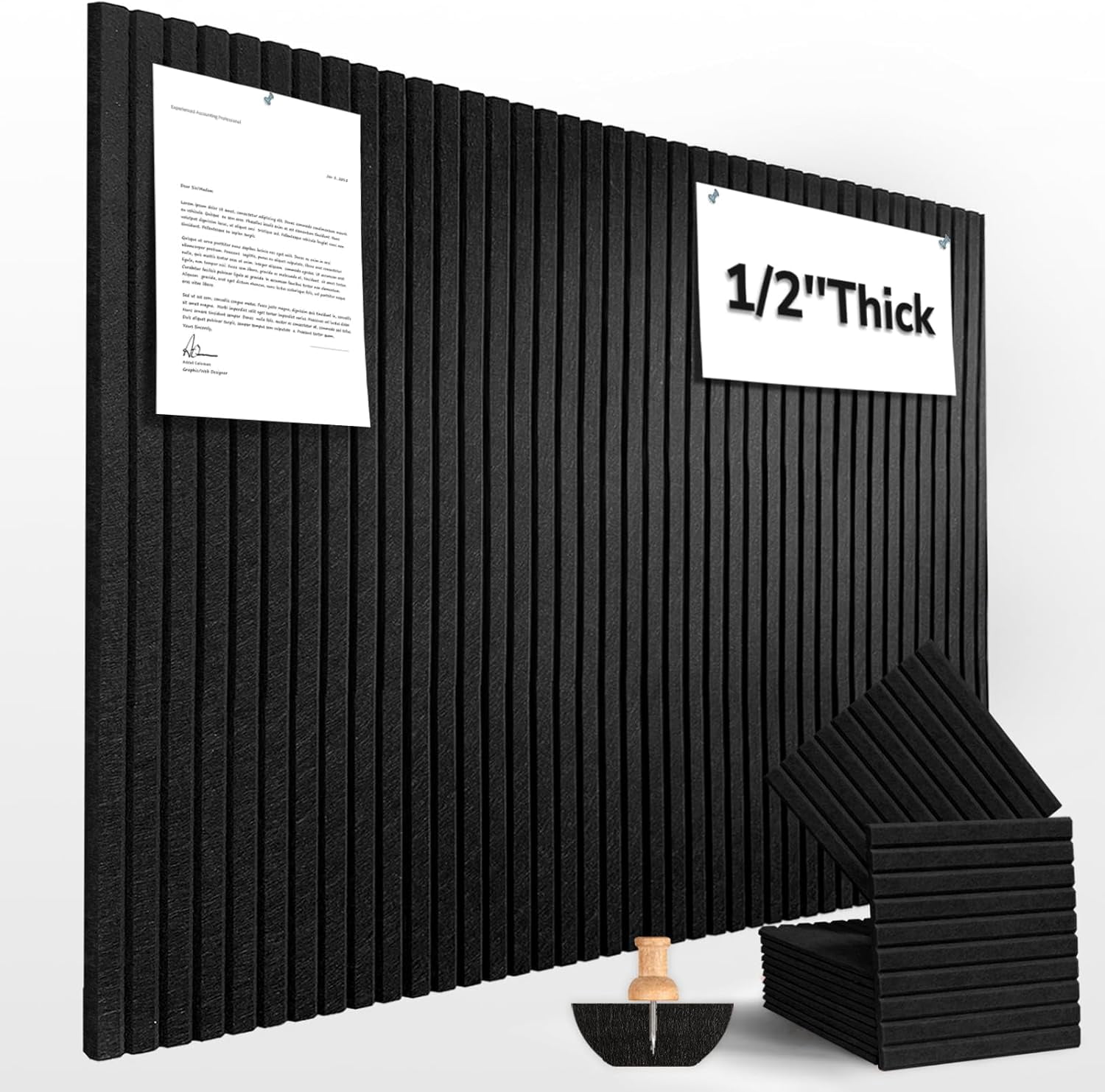 Large Cork Board for Office Decor, 48"x 36" - 1/2” Thick Felt Bulletin Board, 12 Pack Felt Board with Safe Removable Adhesive Tabs, Pin Board Cork Boards for Walls - Black