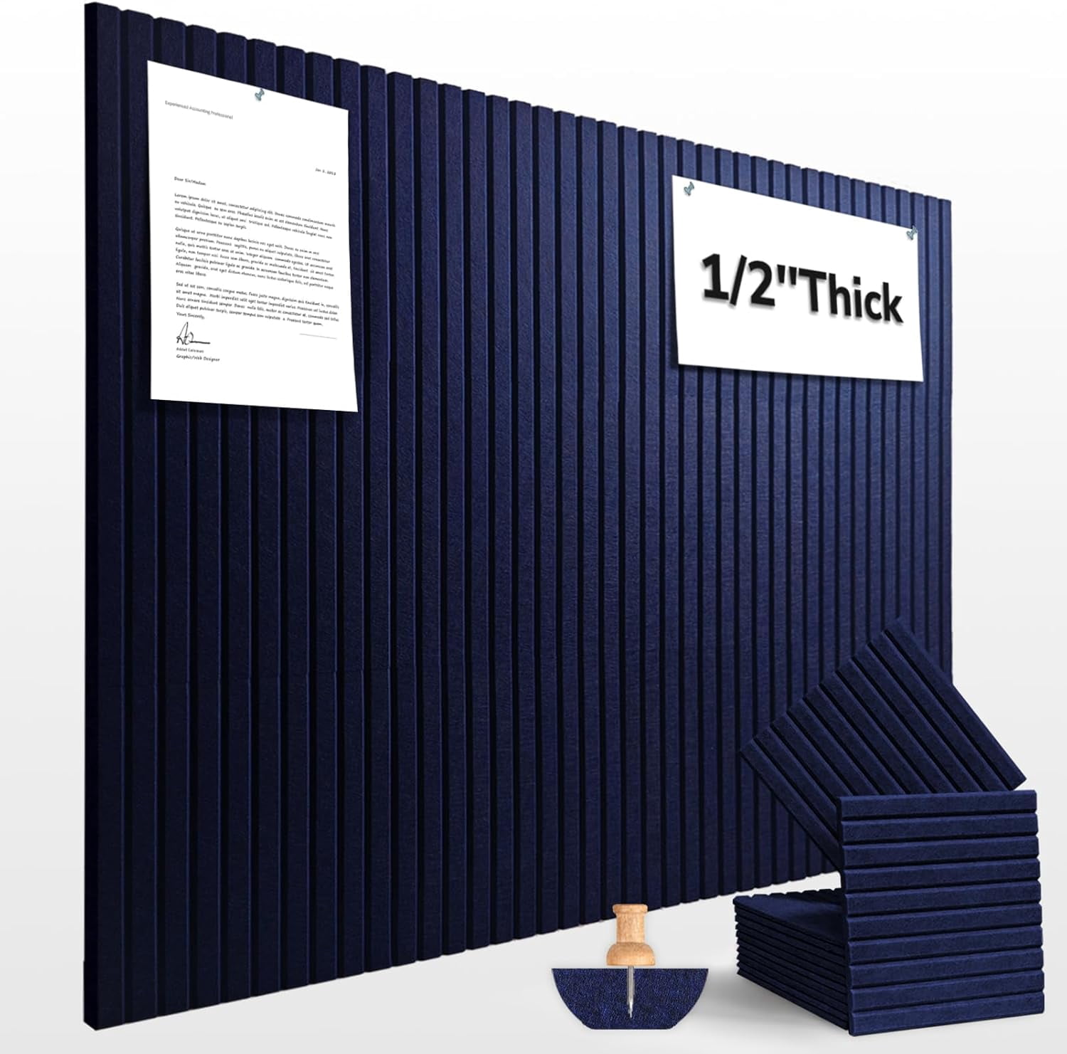 Large Cork Board for Office Decor, 48"x 36" - 1/2” Thick Felt Bulletin Board, 12 Pack Felt Board with Safe Removable Adhesive Tabs, Pin Board Cork Boards for Walls - Dark Blue