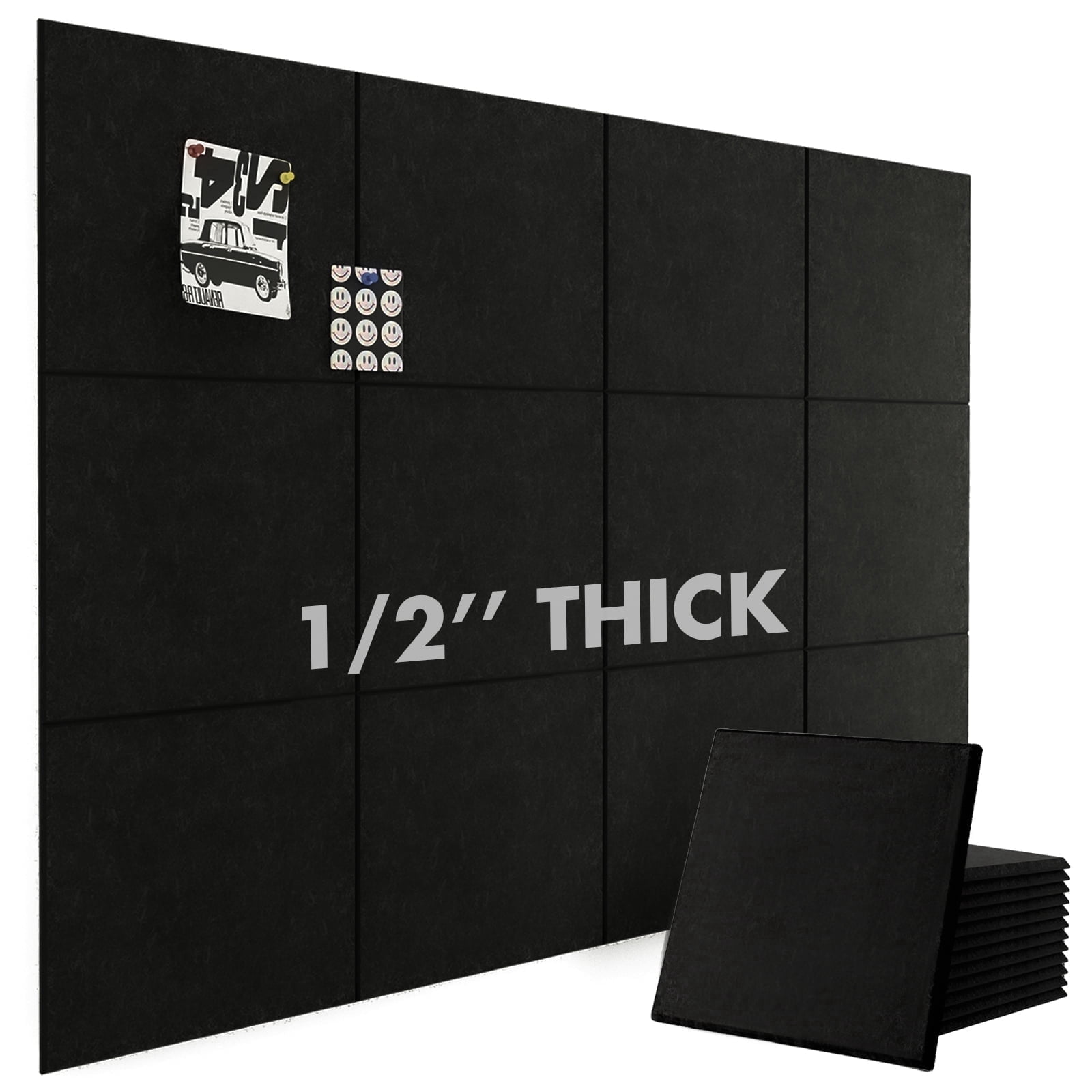 Large Cork Board for Office Decor,48"x36"-12 Pack Felt Wall Tiles with Safe Removable Adhesive Tabs, 1/2" Thick Felt Bulletin Board,Cork Boards for Walls Pin Board - Black