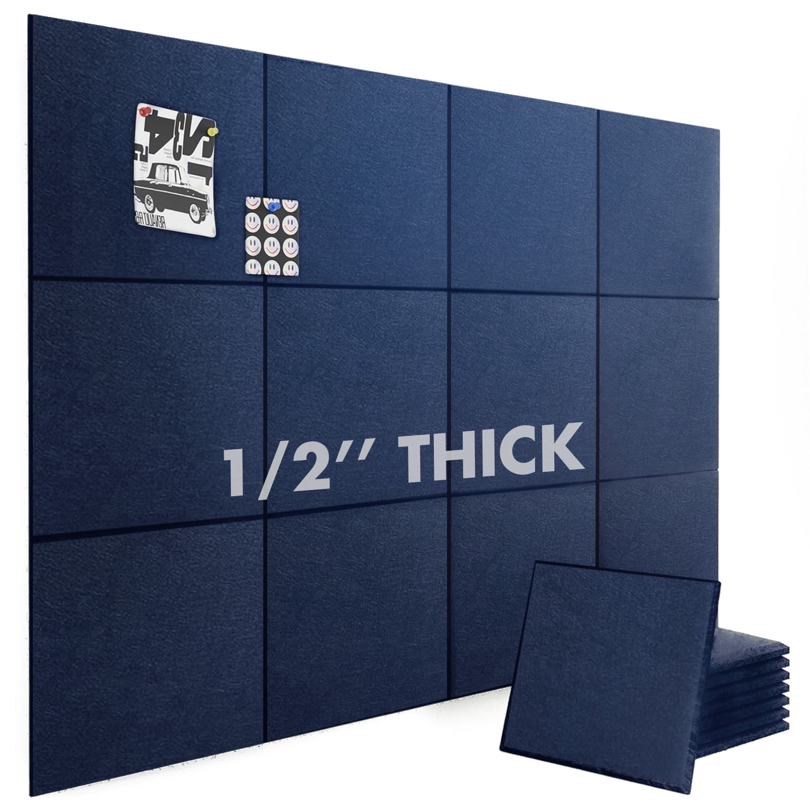 Large Cork Board for Office Decor,48"x36"-12 Pack Felt Wall Tiles with Safe Removable Adhesive Tabs, 1/2" Thick Felt Bulletin Board,Cork Boards for Walls Pin Board - Dark Blue