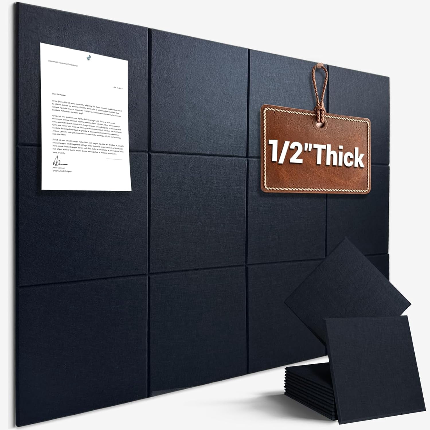 Large Cork Board for Office Wall Decor,48"x36"-12 Pack Felt Wall Tiles with Safe Removable Adhesive Tabs, 1/2" Thick, Felt Bulletin Board Pin Board Cork Boards for Walls - Black