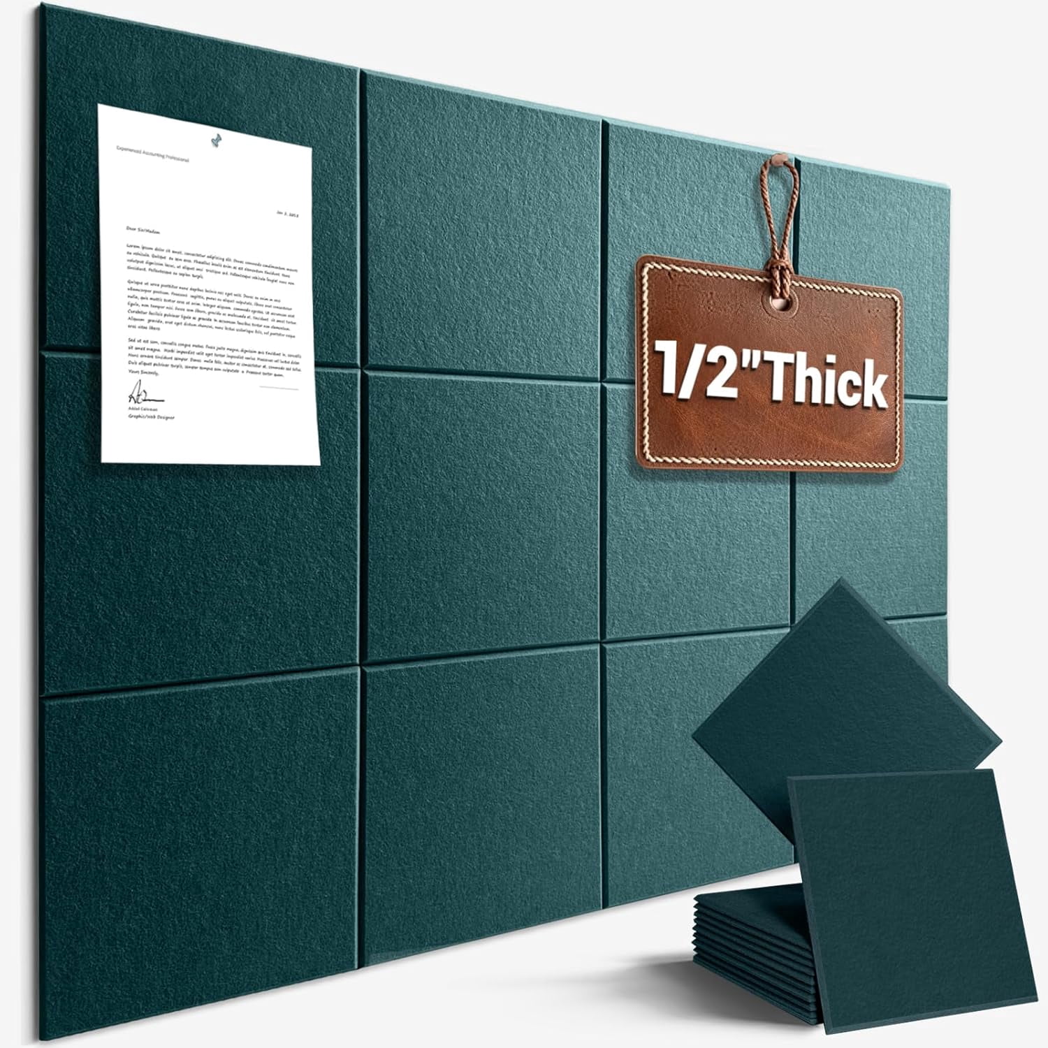 Large Cork Board for Office Wall Decor,48"x36"-12 Pack Felt Wall Tiles with Safe Removable Adhesive Tabs, 1/2" Thick, Felt Bulletin Board Pin Board Cork Boards for Walls - Dark Green