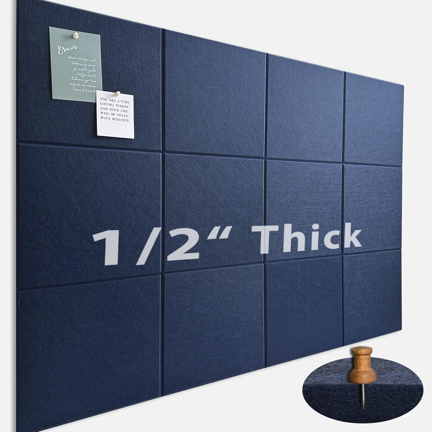 Large Cork Board for Office Wall Decor,48"x36"-12 Pack Felt Wall Tiles with Safe Removable Adhesive Tabs, Thicker 0.47in, Felt Bulletin Board Pin Board Cork Boards for Walls - Dark Blue