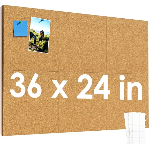 Large Cork Board for Wall 36" x 24", 6 Pack Cork Board Tiles with 20 Pushpins & Safe Removable Adhesive Tabs, 12" x 12" Corkboards for Office, School & Home