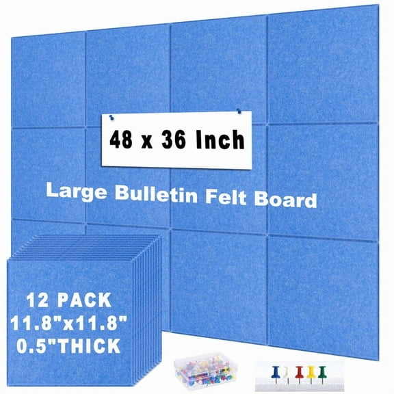 Large Cork Bulletin Board, 48"x36" Cork Board Wall Tiles 12 Packs 1/2" Thick Corkboards for Walls Safe Adhesive Acoustic Panels Soundproof Pin Board with 120 Pushpins, Blue